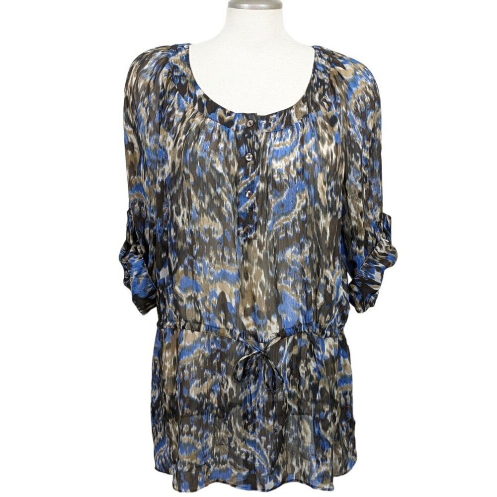 Tabi Sheer Top Blouse Womens XL Brown Blue Moody Abstract Print Drawstring Waist